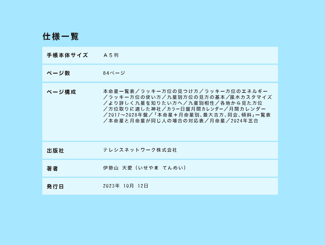 仕様一覧｜ラッキー風水ダイアリー 2024 開運手帳